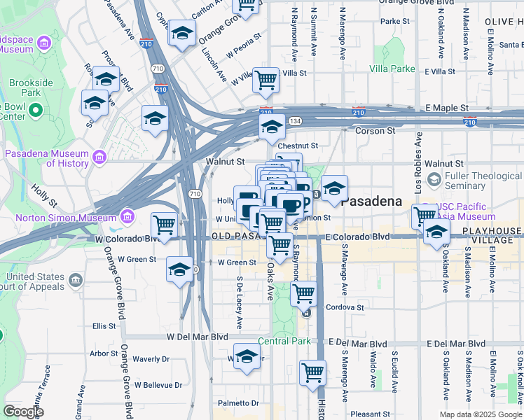 map of restaurants, bars, coffee shops, grocery stores, and more near 4 East Holly Street in Pasadena