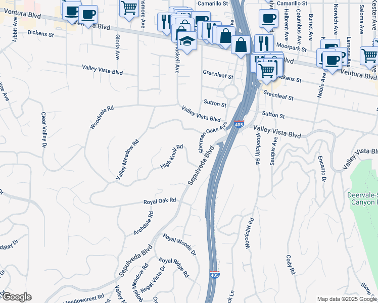 map of restaurants, bars, coffee shops, grocery stores, and more near 15555 High Knoll Road in Los Angeles
