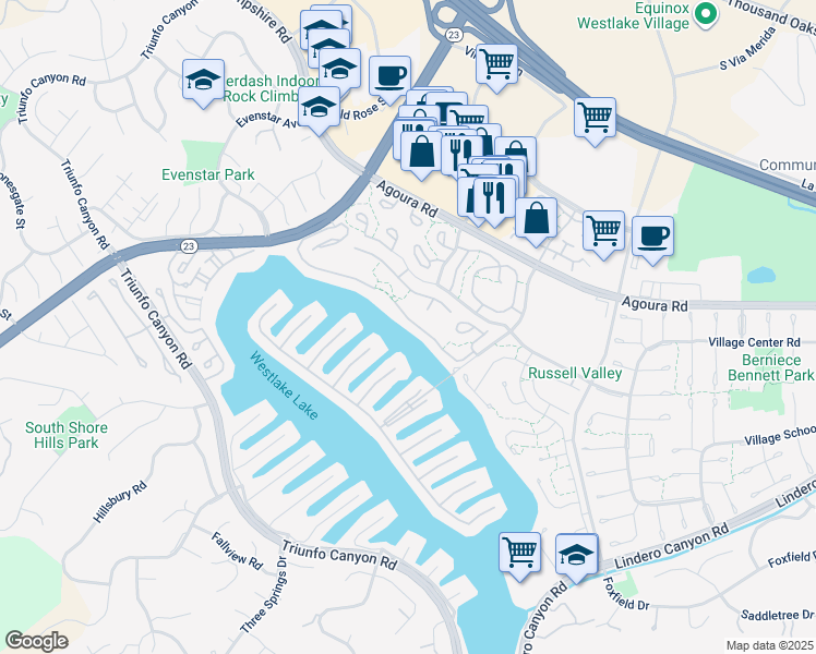 map of restaurants, bars, coffee shops, grocery stores, and more near 2736 Lakeridge Lane in Westlake Village