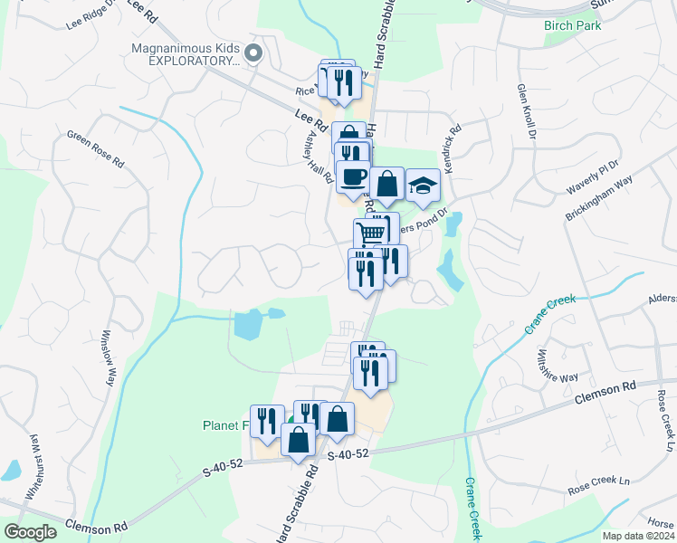 map of restaurants, bars, coffee shops, grocery stores, and more near 116 Brandon Hall Road in Columbia