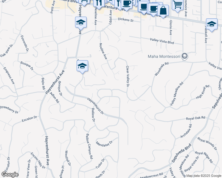 map of restaurants, bars, coffee shops, grocery stores, and more near 16301 Meadowridge Way in Los Angeles