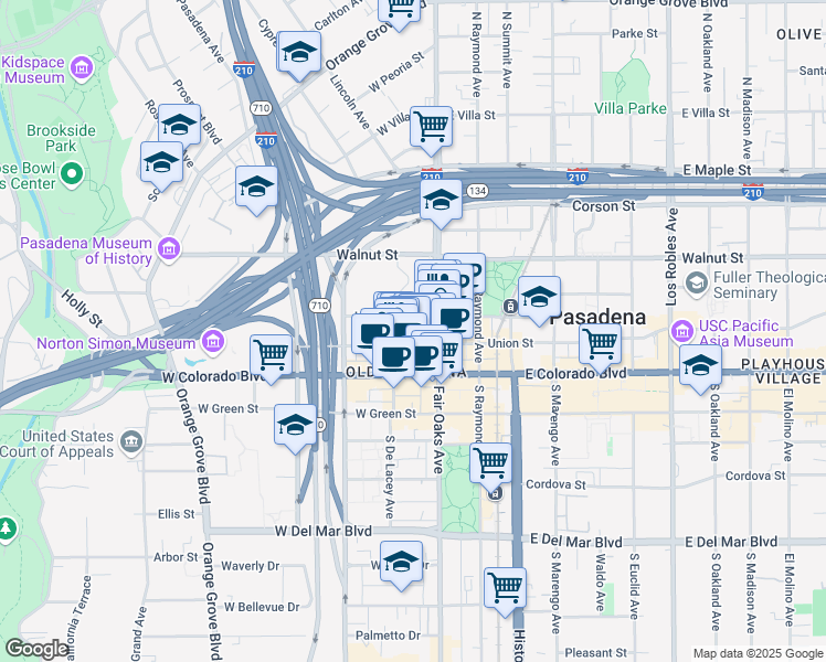 map of restaurants, bars, coffee shops, grocery stores, and more near 75 North Fair Oaks Avenue in Pasadena