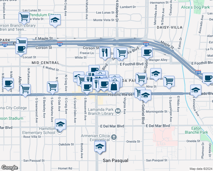 map of restaurants, bars, coffee shops, grocery stores, and more near 55 Eloise Avenue in Pasadena
