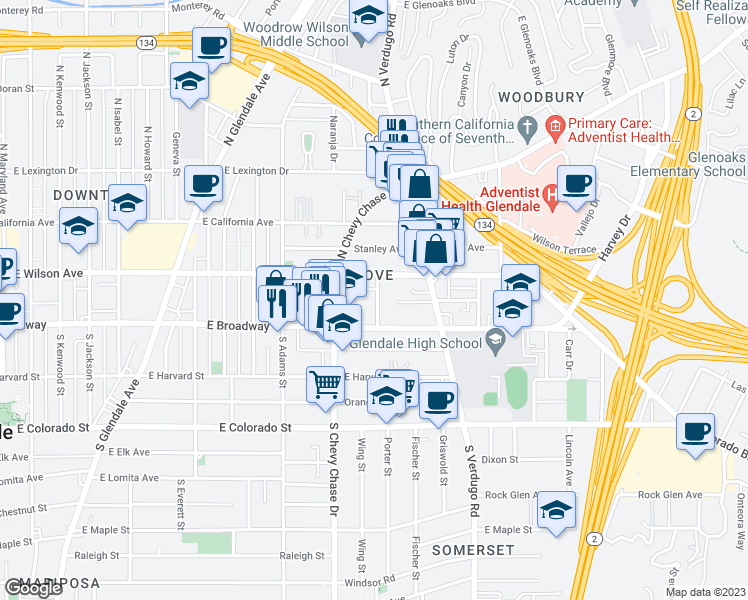 map of restaurants, bars, coffee shops, grocery stores, and more near 125 Olive Street in Glendale