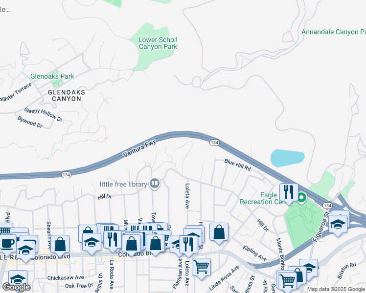 map of restaurants, bars, coffee shops, grocery stores, and more near Maemurray Drive in Los Angeles