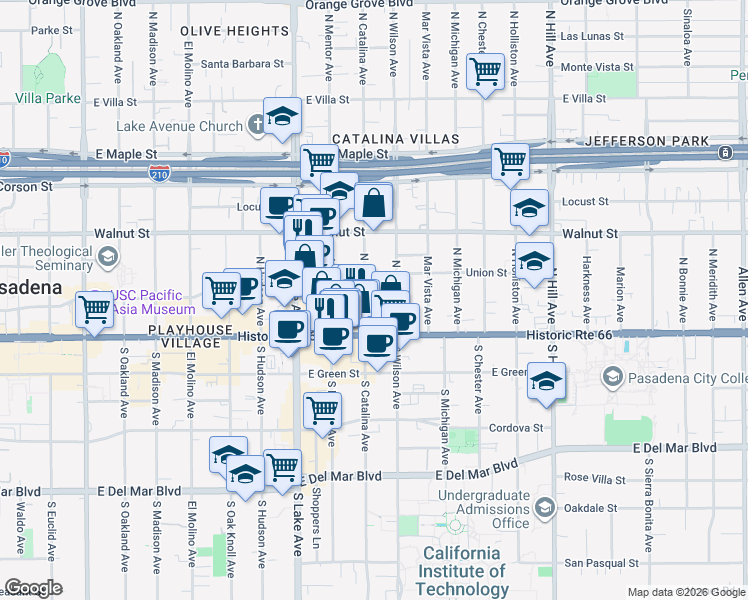 map of restaurants, bars, coffee shops, grocery stores, and more near 70 North Catalina Avenue in Pasadena
