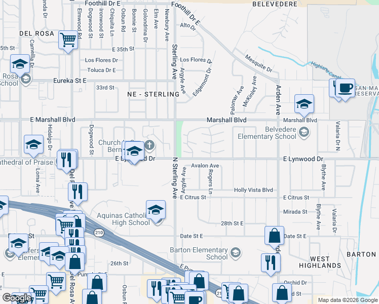 map of restaurants, bars, coffee shops, grocery stores, and more near 2030 Ashwood Court in San Bernardino
