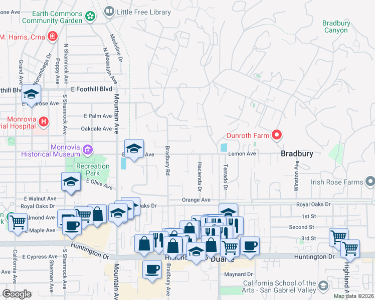 map of restaurants, bars, coffee shops, grocery stores, and more near 1121 East Lemon Avenue in Monrovia