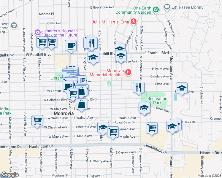 map of restaurants, bars, coffee shops, grocery stores, and more near 407 East Lemon Avenue in Monrovia