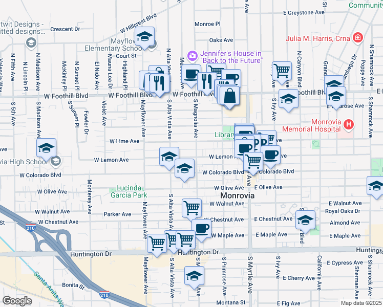 map of restaurants, bars, coffee shops, grocery stores, and more near 327 West Lemon Avenue in Monrovia