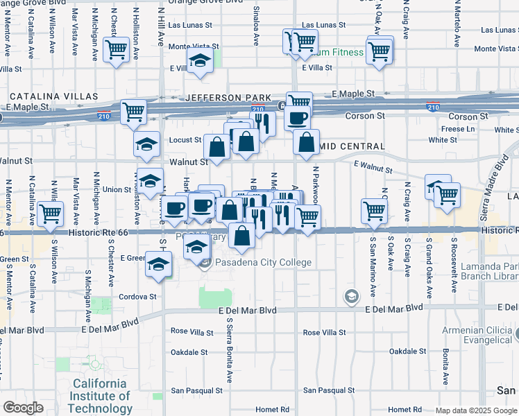 map of restaurants, bars, coffee shops, grocery stores, and more near 77 North Bonnie Avenue in Pasadena