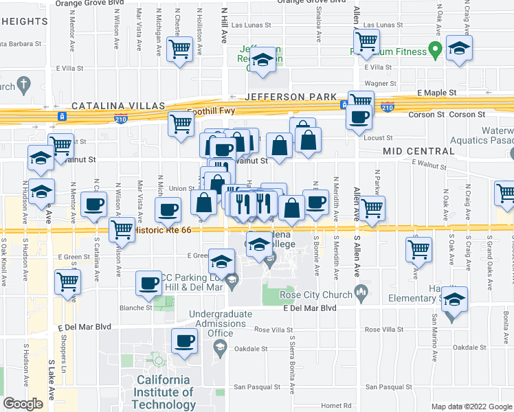 map of restaurants, bars, coffee shops, grocery stores, and more near 69 Marion Avenue in Pasadena