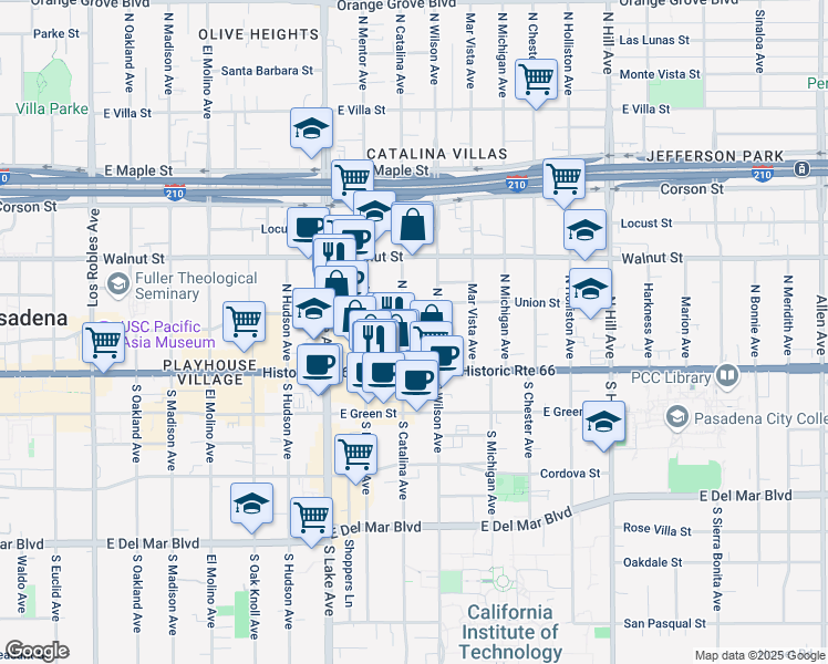 map of restaurants, bars, coffee shops, grocery stores, and more near in Pasadena
