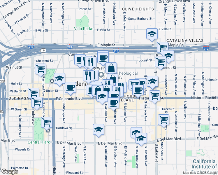 map of restaurants, bars, coffee shops, grocery stores, and more near 527 Union Street in Pasadena