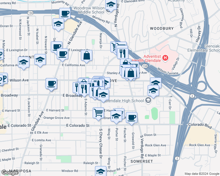 map of restaurants, bars, coffee shops, grocery stores, and more near 135 1/2 Olive Street in Glendale