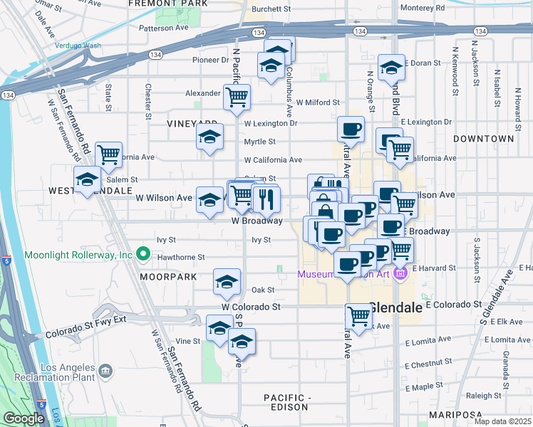 map of restaurants, bars, coffee shops, grocery stores, and more near 430 West Wilson Avenue in Glendale