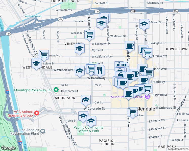 map of restaurants, bars, coffee shops, grocery stores, and more near 430 West Wilson Avenue in Glendale