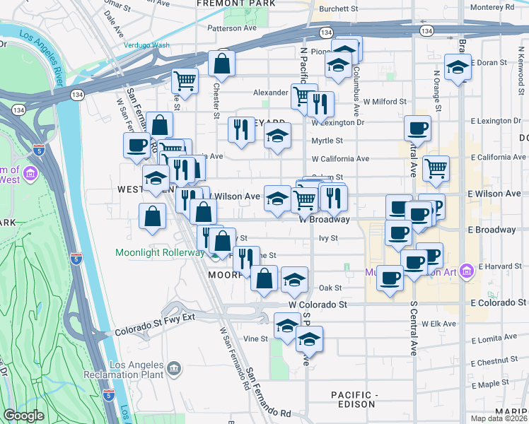 map of restaurants, bars, coffee shops, grocery stores, and more near 616 West Wilson Avenue in Glendale