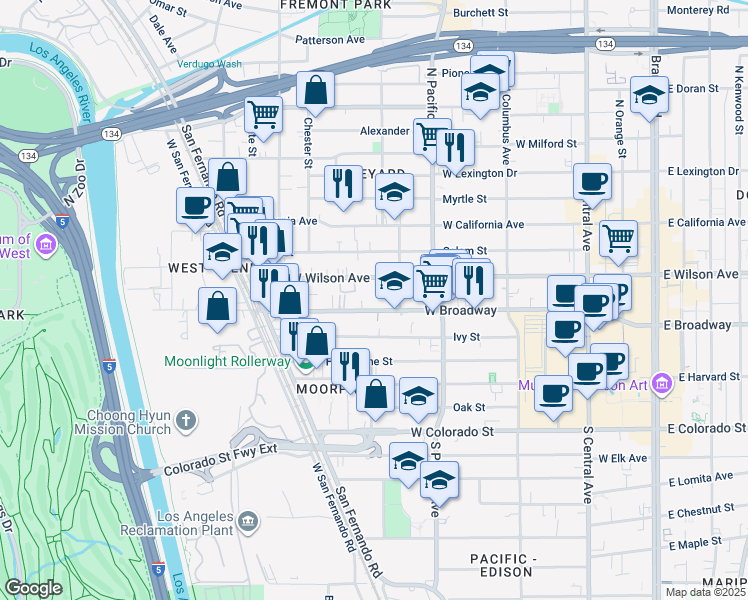 map of restaurants, bars, coffee shops, grocery stores, and more near 616 West Wilson Avenue in Glendale