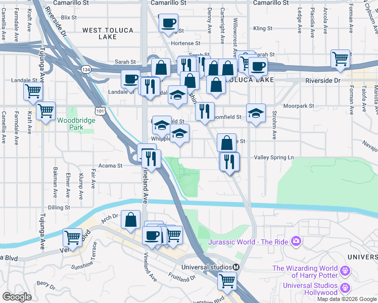 map of restaurants, bars, coffee shops, grocery stores, and more near 4257 Riverton Avenue in Los Angeles