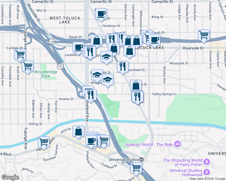 map of restaurants, bars, coffee shops, grocery stores, and more near 4257 Riverton Avenue in Los Angeles