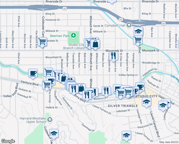 map of restaurants, bars, coffee shops, grocery stores, and more near 4223 1/2 Whitsett Avenue in Los Angeles