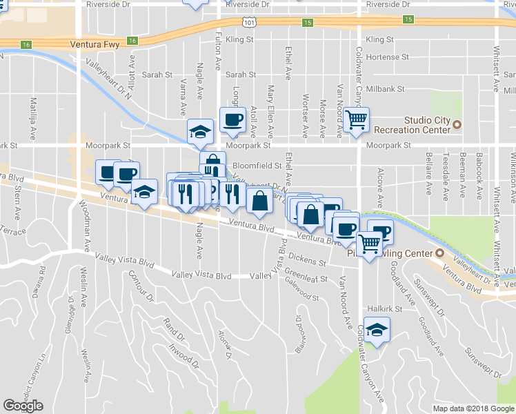 map of restaurants, bars, coffee shops, grocery stores, and more near 4243 Mary Ellen Avenue in Los Angeles