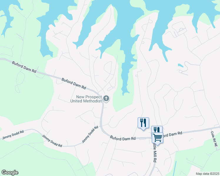map of restaurants, bars, coffee shops, grocery stores, and more near 1704 Pine Tree Drive in Buford