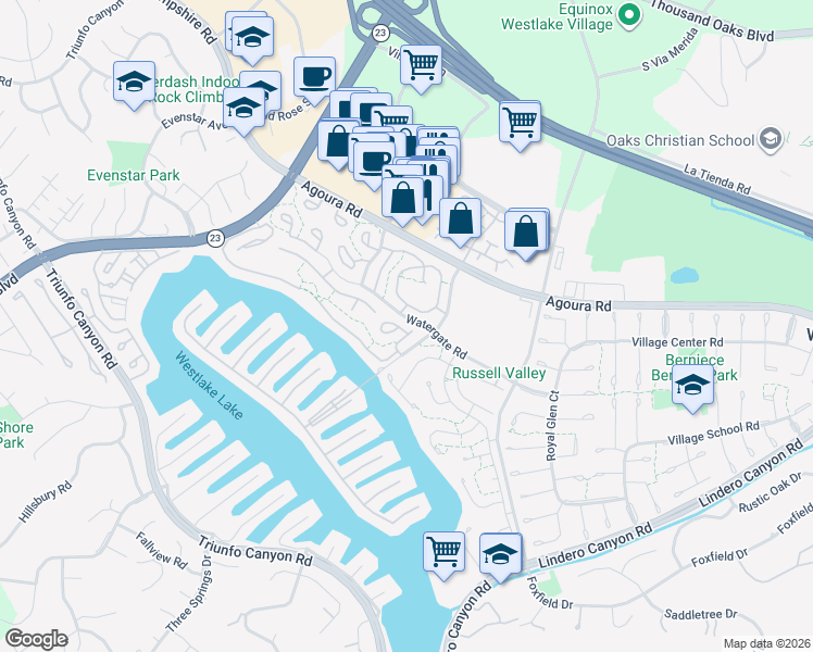 map of restaurants, bars, coffee shops, grocery stores, and more near 2849 Shoreview Circle in Westlake Village