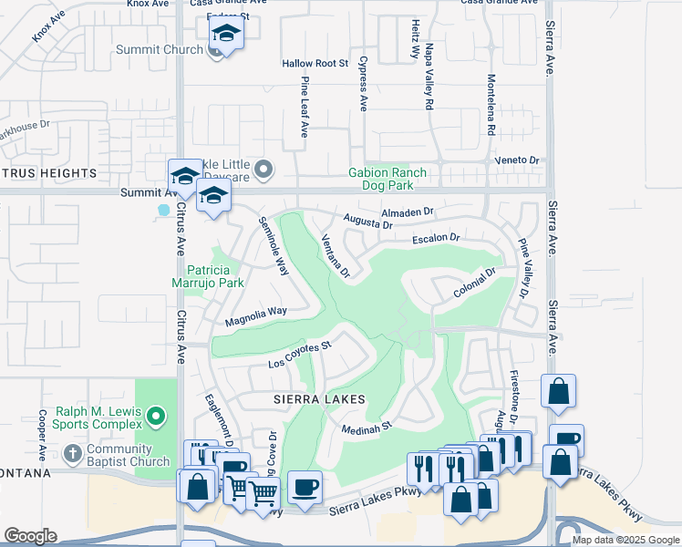 map of restaurants, bars, coffee shops, grocery stores, and more near 5874 Ventana Drive in Fontana