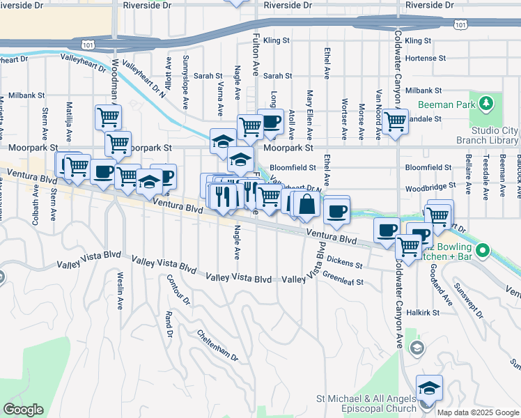 map of restaurants, bars, coffee shops, grocery stores, and more near 4235 Mary Ellen Avenue in Los Angeles