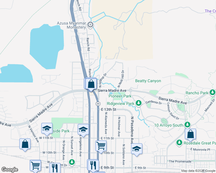 map of restaurants, bars, coffee shops, grocery stores, and more near 215 Sierra Madre Avenue in Azusa