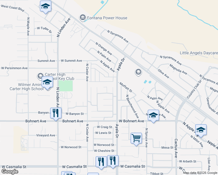 map of restaurants, bars, coffee shops, grocery stores, and more near 2596 North Driftwood Avenue in Rialto