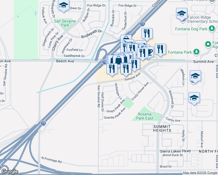 map of restaurants, bars, coffee shops, grocery stores, and more near 14952 Mount Palomar Lane in Fontana