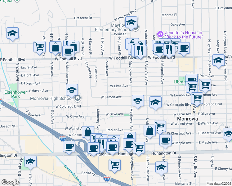 map of restaurants, bars, coffee shops, grocery stores, and more near 420 Violet Avenue in Monrovia