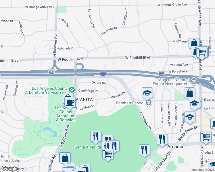 map of restaurants, bars, coffee shops, grocery stores, and more near 348 Oxford Drive in Arcadia