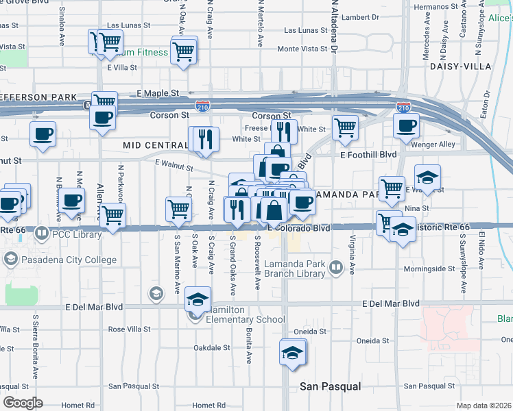 map of restaurants, bars, coffee shops, grocery stores, and more near 81 North Roosevelt Avenue in Pasadena