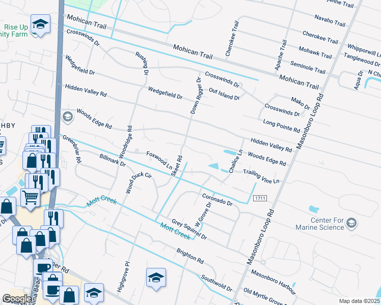 map of restaurants, bars, coffee shops, grocery stores, and more near 5110 Laurenbridge Lane in Wilmington