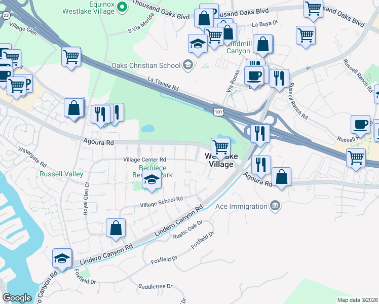 map of restaurants, bars, coffee shops, grocery stores, and more near 4518 Henley Court in Westlake Village