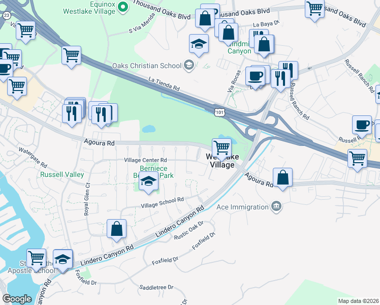 map of restaurants, bars, coffee shops, grocery stores, and more near 4518 Henley Court in Westlake Village