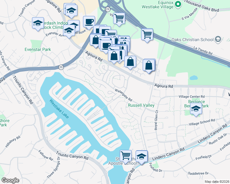 map of restaurants, bars, coffee shops, grocery stores, and more near 2849 Shoreview Circle in Westlake Village
