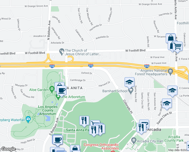 map of restaurants, bars, coffee shops, grocery stores, and more near 348 Oxford Drive in Arcadia