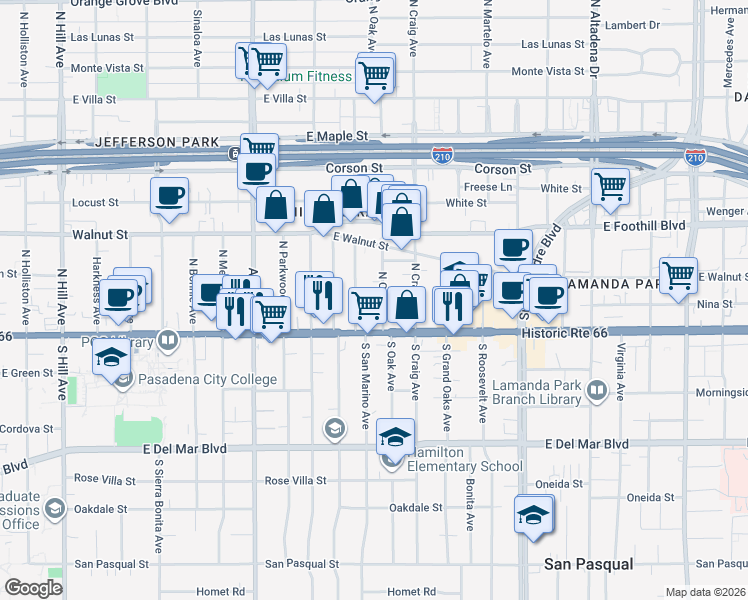 map of restaurants, bars, coffee shops, grocery stores, and more near 59 North Oak Avenue in Pasadena