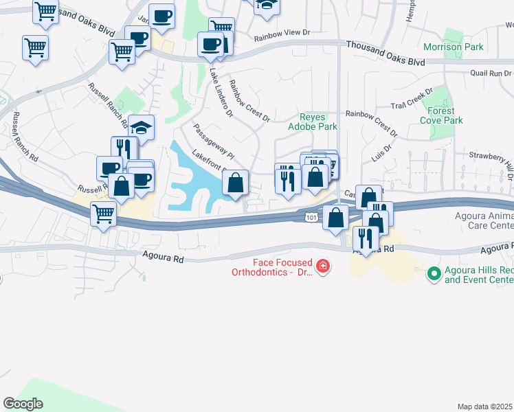 map of restaurants, bars, coffee shops, grocery stores, and more near 30523 Canwood Street in Agoura Hills
