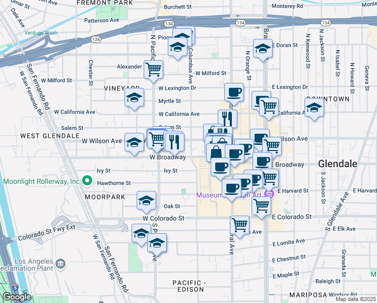 map of restaurants, bars, coffee shops, grocery stores, and more near 107 North Columbus Avenue in Glendale