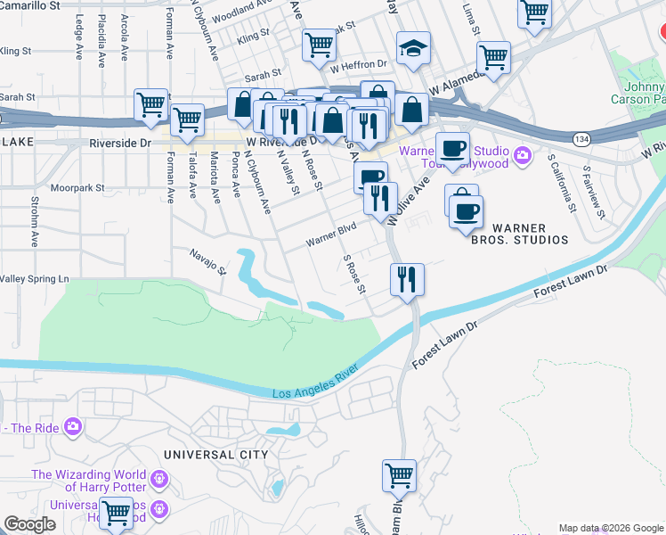 map of restaurants, bars, coffee shops, grocery stores, and more near 4221 West Toluca Lake Lane in Burbank