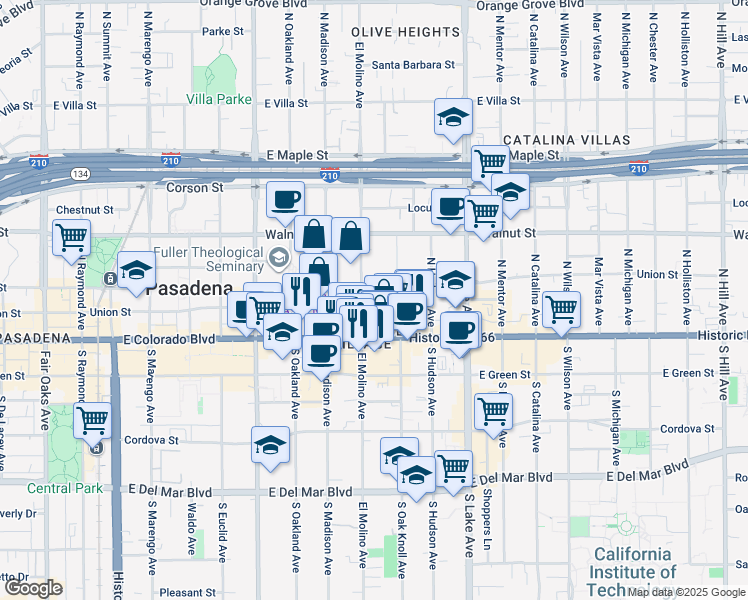 map of restaurants, bars, coffee shops, grocery stores, and more near 99 North El Molino Avenue in Pasadena