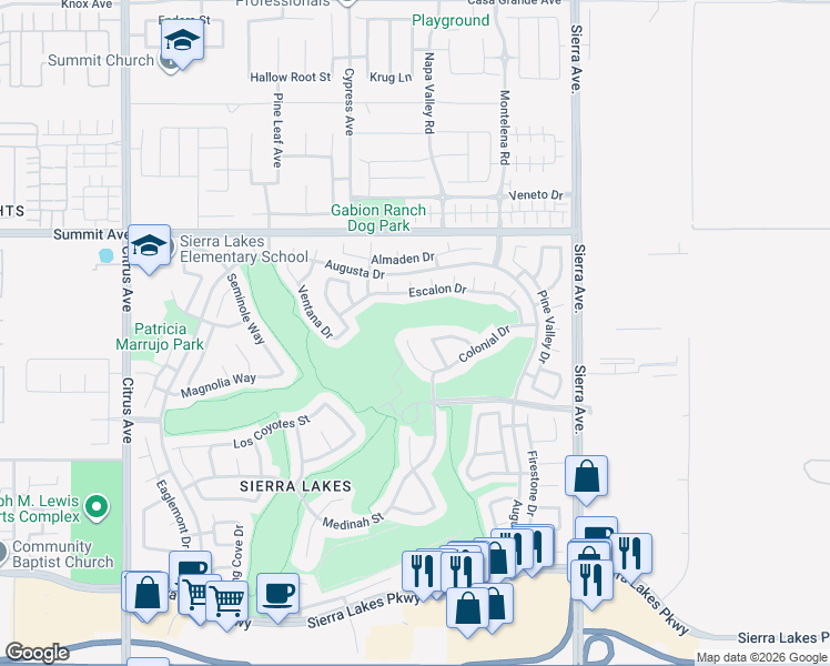 map of restaurants, bars, coffee shops, grocery stores, and more near 16594 Colonial Drive in Fontana