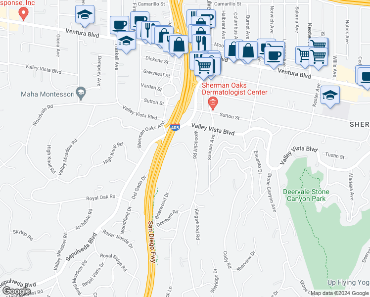 map of restaurants, bars, coffee shops, grocery stores, and more near 15330 Del Gado Drive in Los Angeles