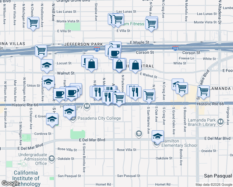 map of restaurants, bars, coffee shops, grocery stores, and more near 68 Allen Avenue in Pasadena